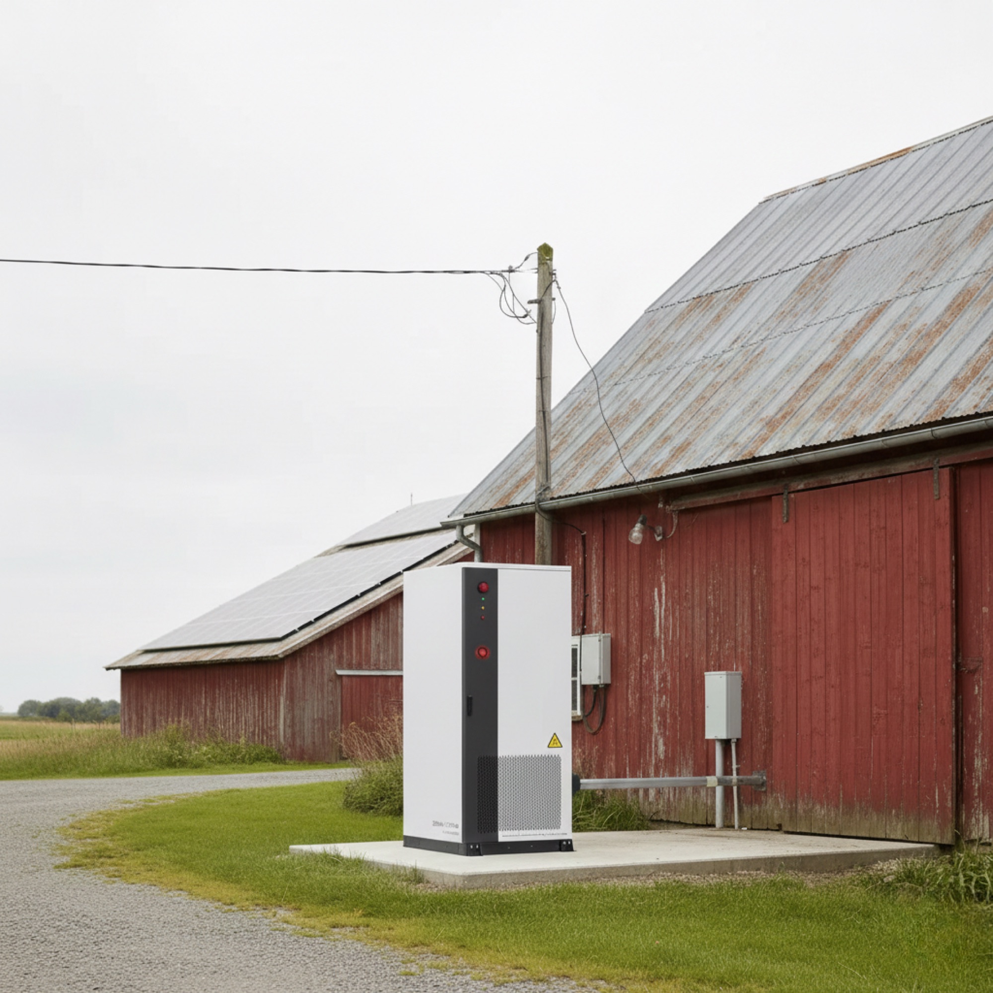 Industrielt batteriskap utendørs ved låven