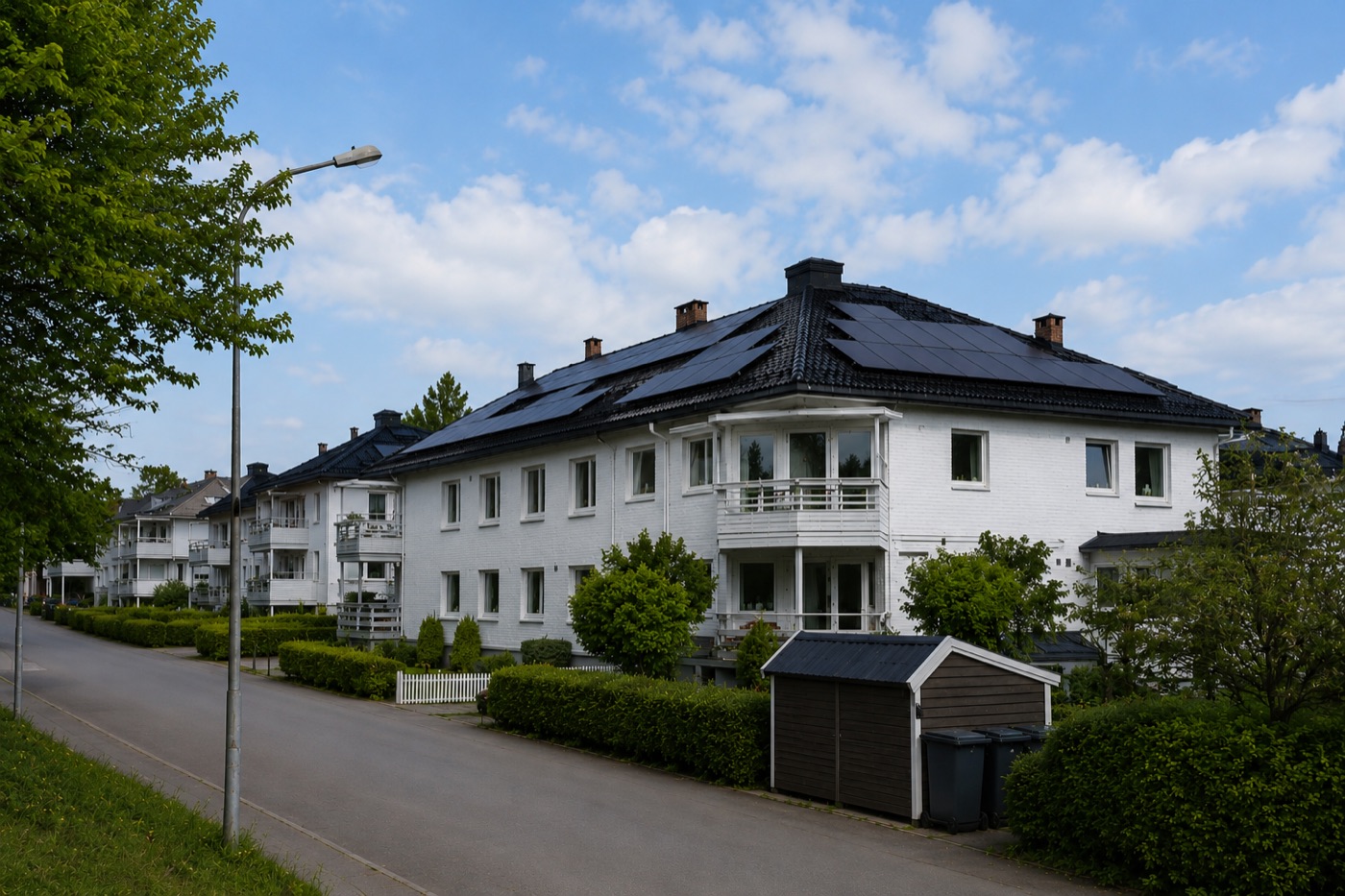 En rekke hvitkalkede lavblokker langs en stille gate, med svarte solcellepaneler på de mørke takene